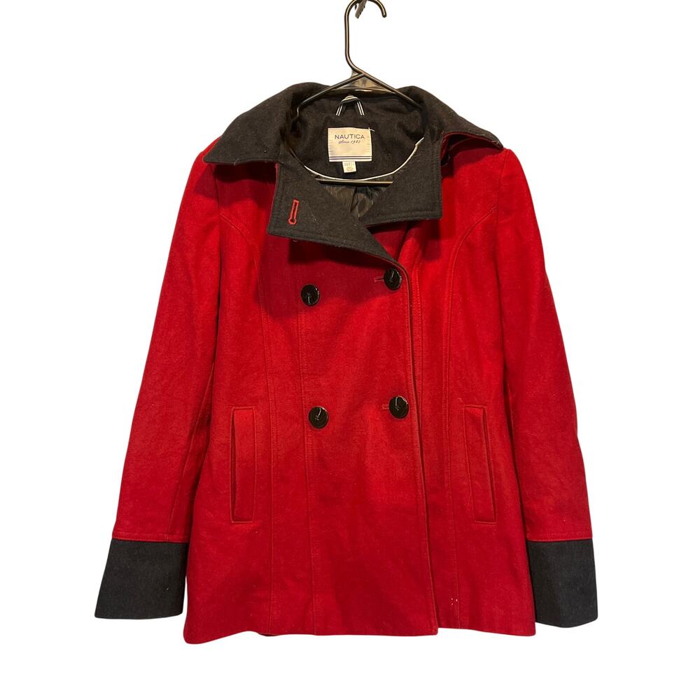 Nautica Women's Red Wool Blend Peacoat with Removable Hood Warm for Winter